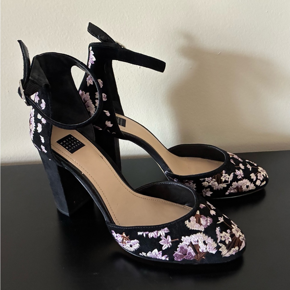 White House Black Market Black Floral Embroidered Ankle-Strap Block Heels